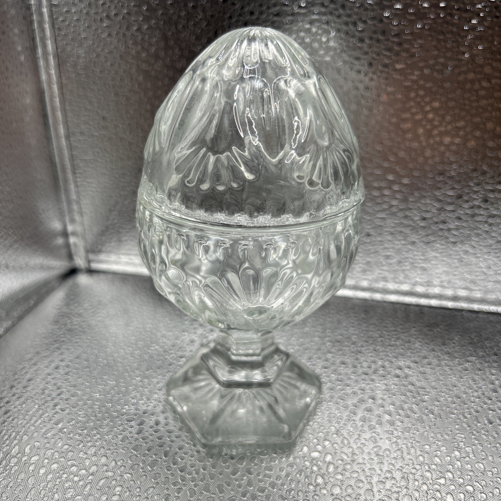 Homco Vintage Pressed Glass Egg Pedestal Lid Trinket Box Clear Decorative Dish5”