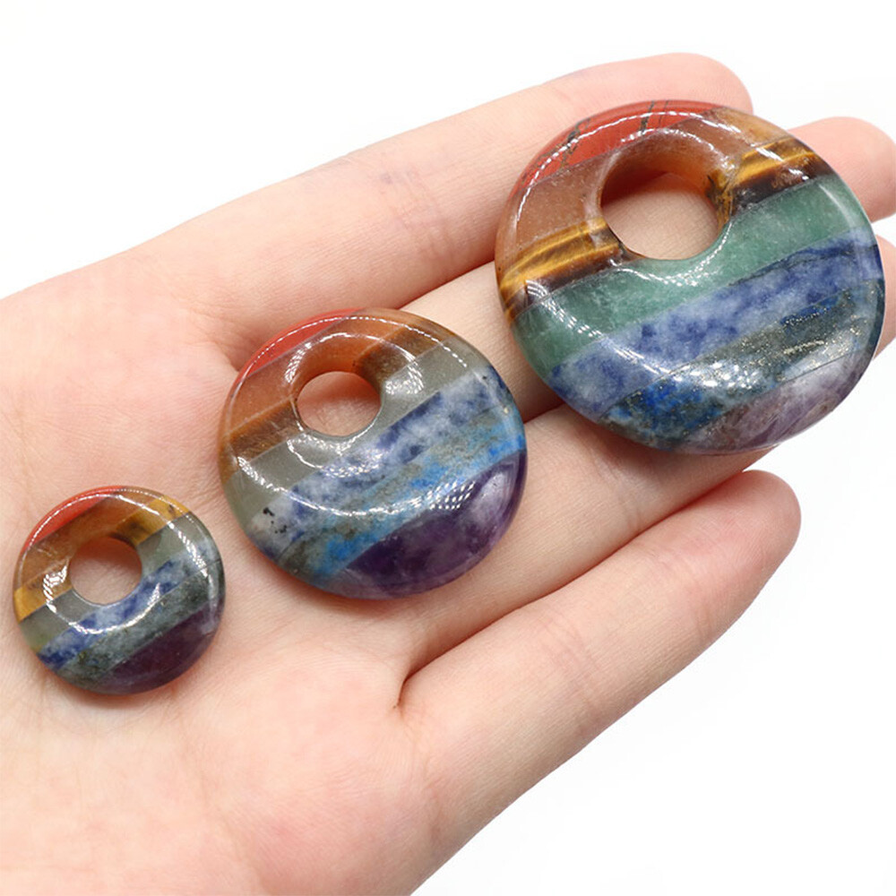 Natural Chakra Crystal Large Hole Donut Pendant Colorful Gemstone Round Circle