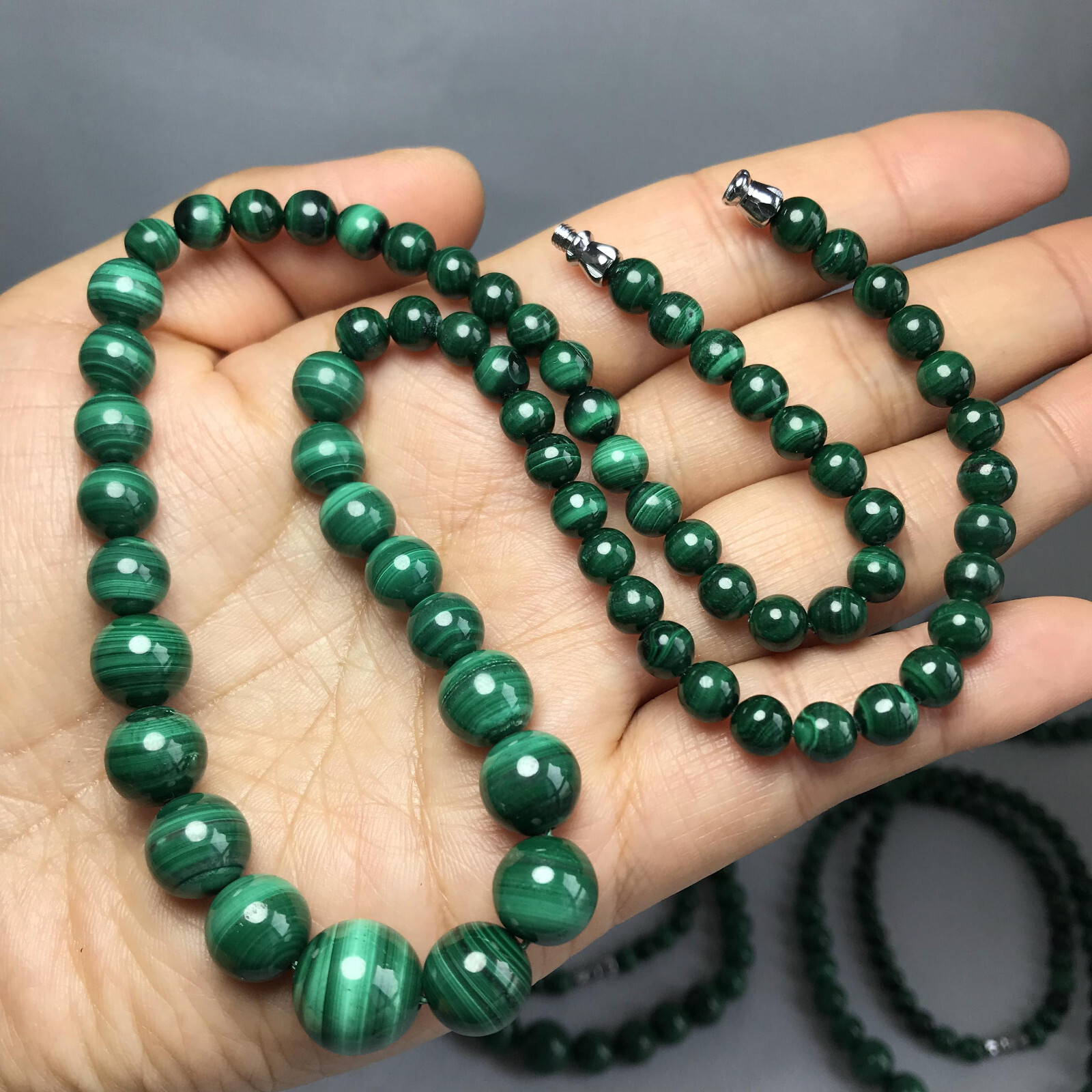 Natural malachite Tower Chain Necklace Polish Crystal sphere Specimen 6-12mm 55g