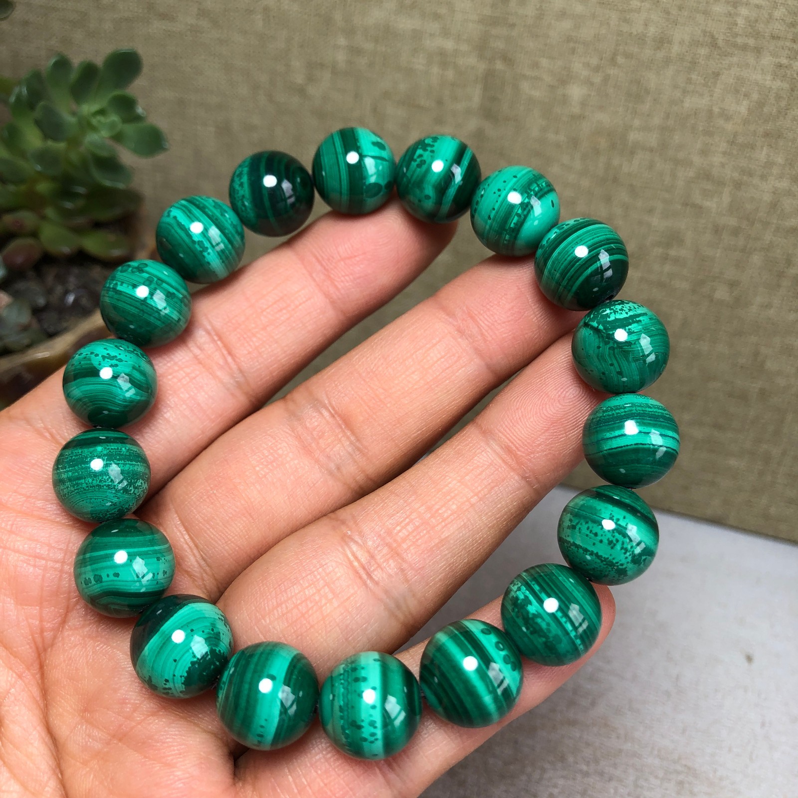 12mm Natural malachite gemstone Crystal chain beads bracelet 67g A4759