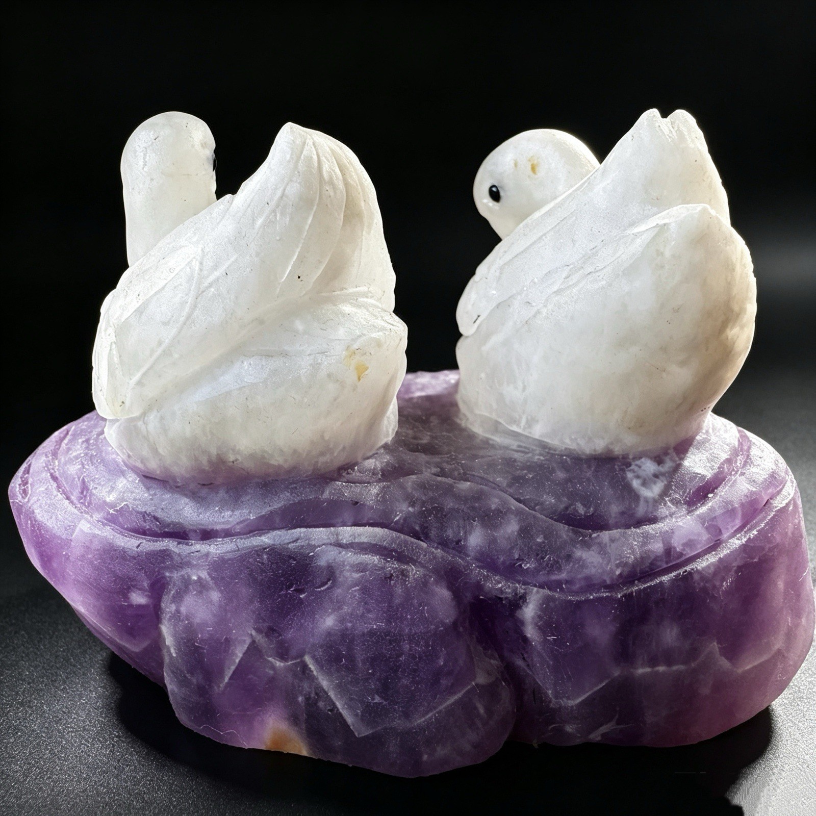 441gTwin Swan Amethyst Sculpture: Soulmate Talisman Carved from Peaceful Stone