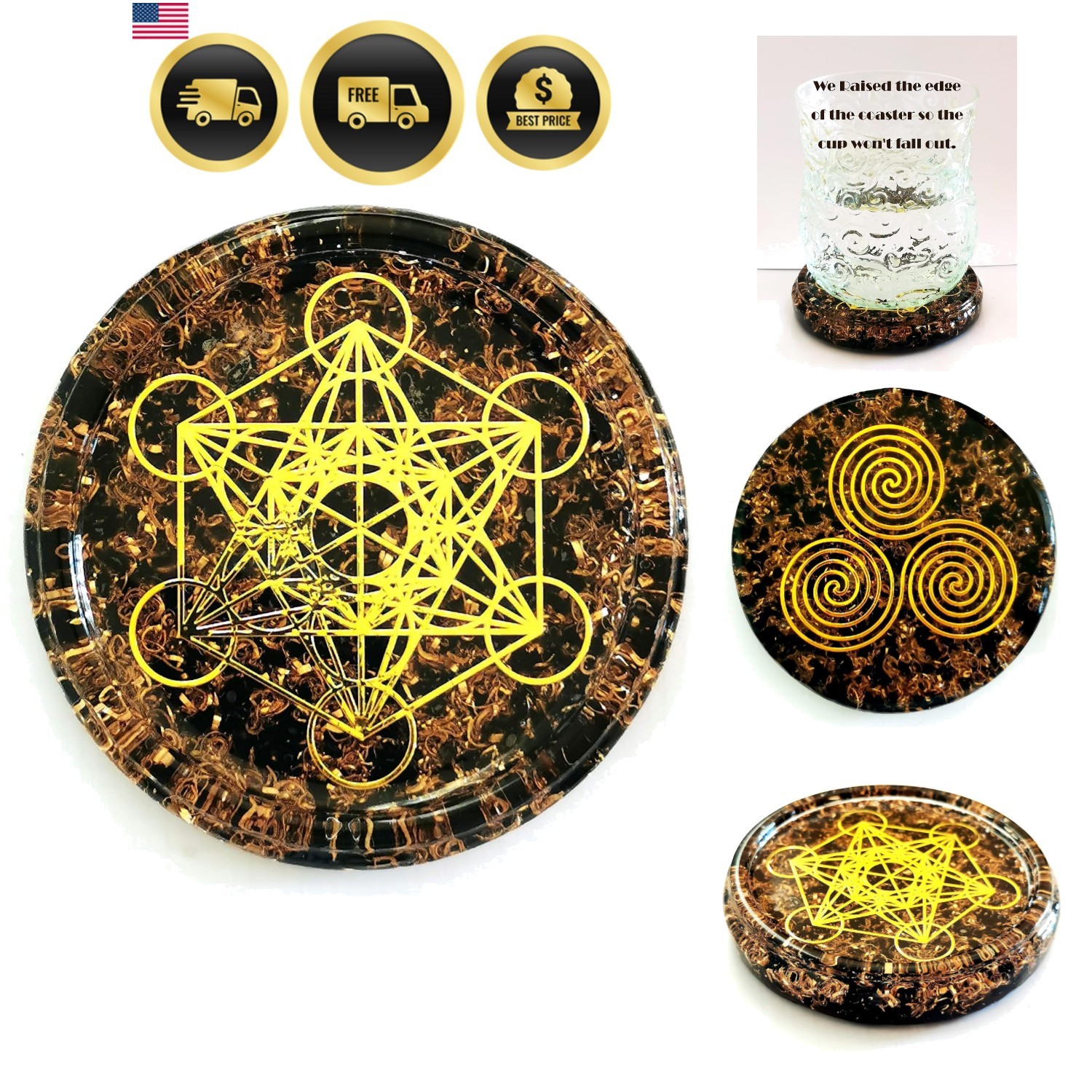 LARGE 4″ Obsidian Crystals Metatron’s Cube Merkaba Coaster Water Charging Pla…