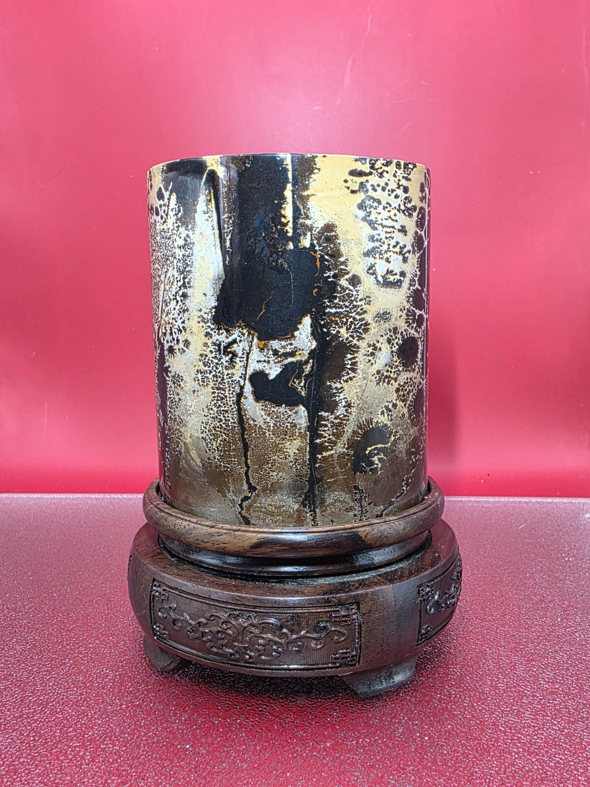 Natural Picture Jasper Vase Quartz Crystal On A Wood Holder Reiki healing 2+LB
