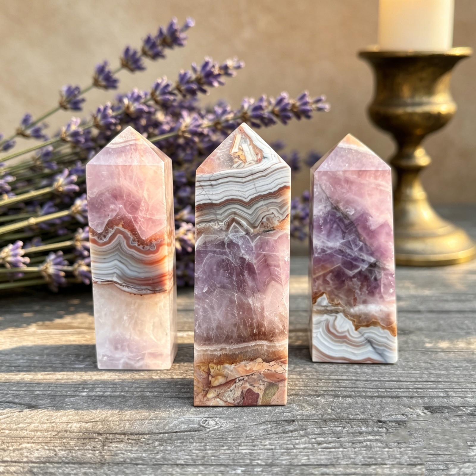Natural Amethyst & Banded Agate Crystal Tower Obelisk Healing Wand Home Decor