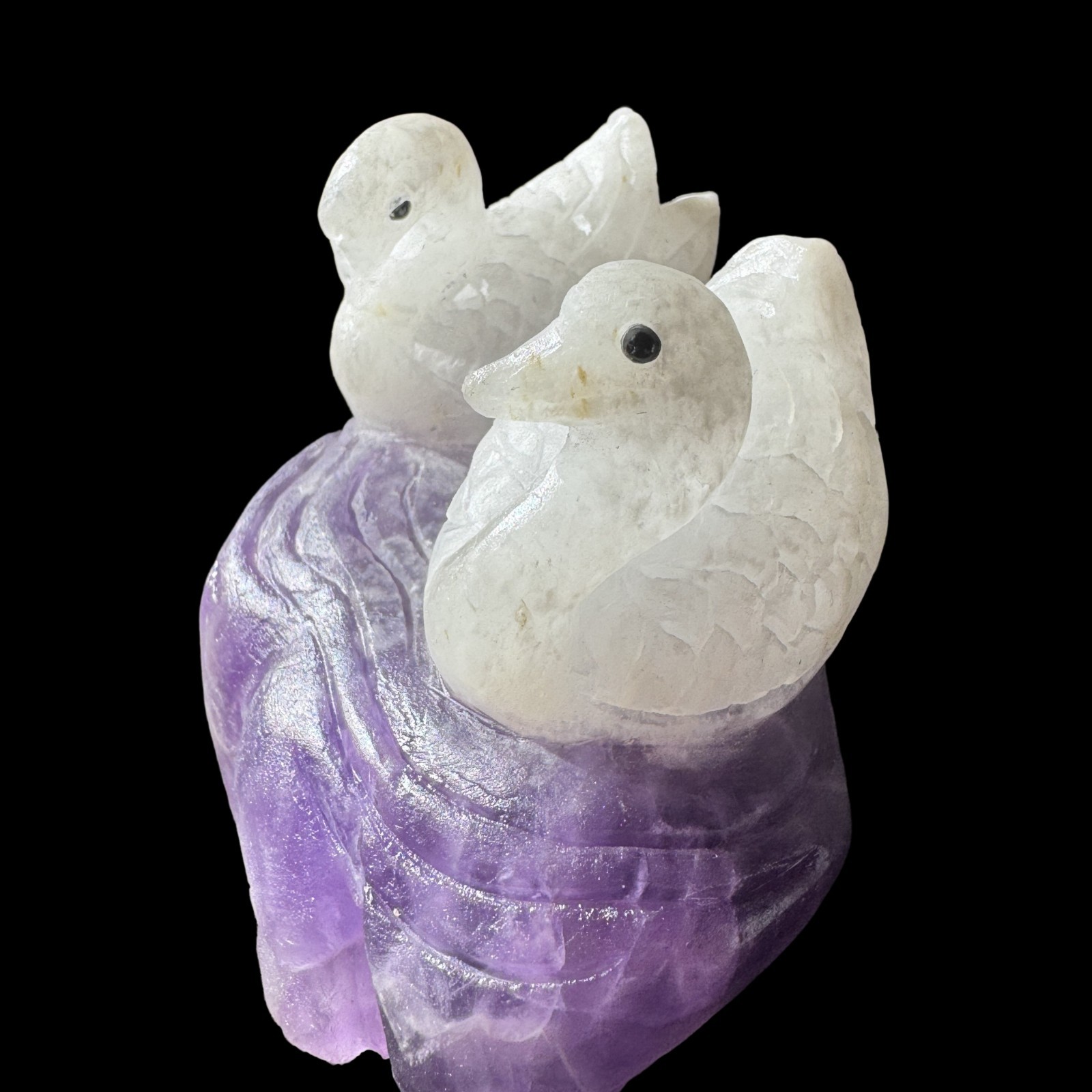 441gTwin Swan Amethyst Sculpture: Soulmate Talisman Carved from Peaceful Stone