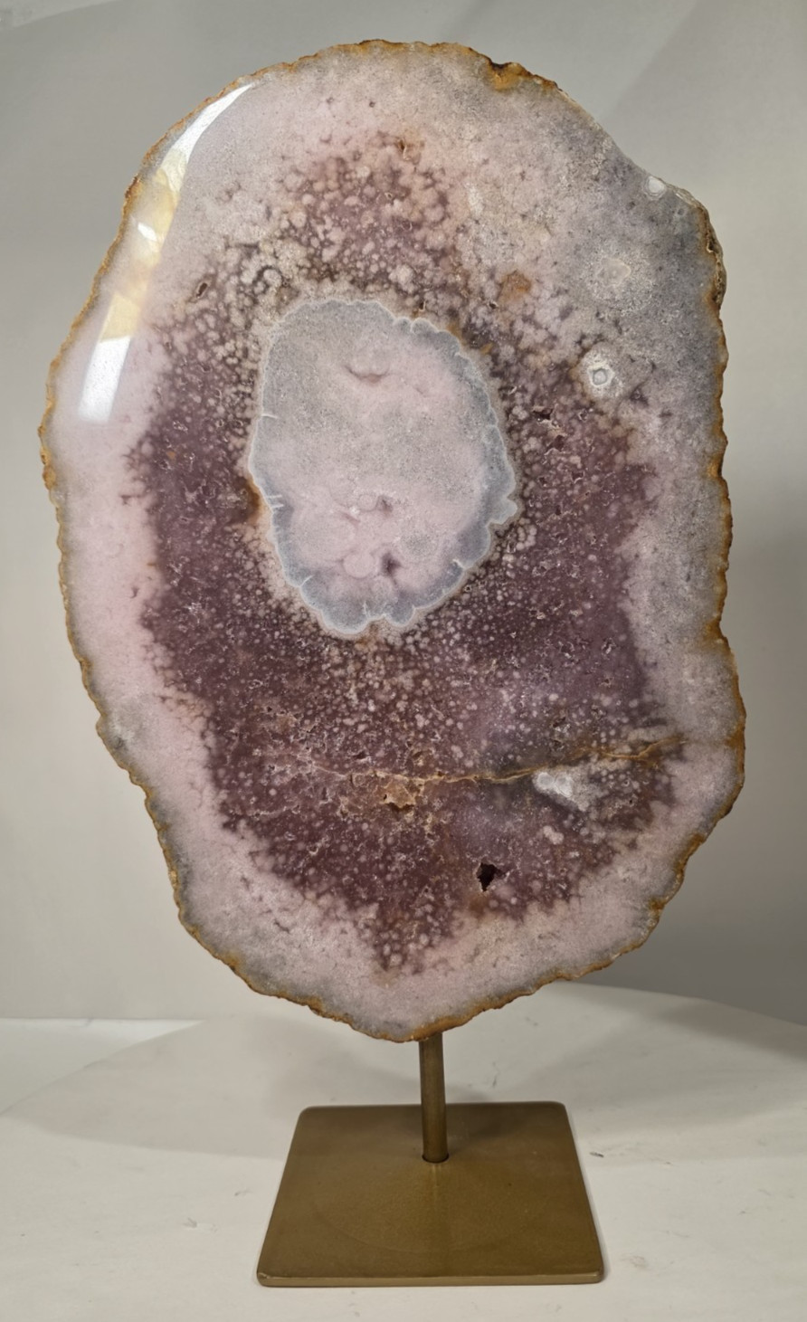 9.5 lb 13.9″ Large Pink Amethyst Slab with Brass Stand | Polished Geode Display