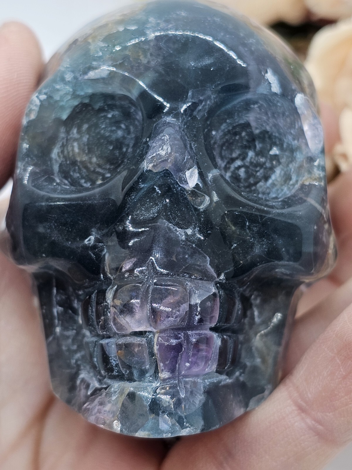Rainbow Fluorite Skull Crystal Carving 317g Purple Green Blue 6.5x 5 x 4.4cm