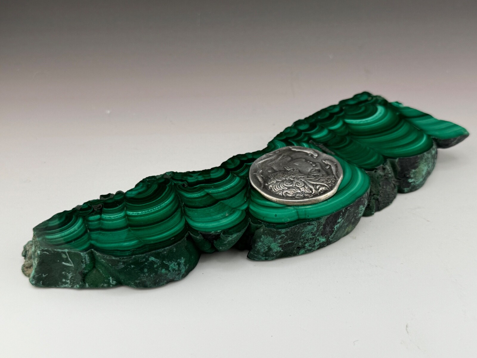 443 gr. Malachite Slab Sterling Silver Coin Paperweight Rock Art Sculpture