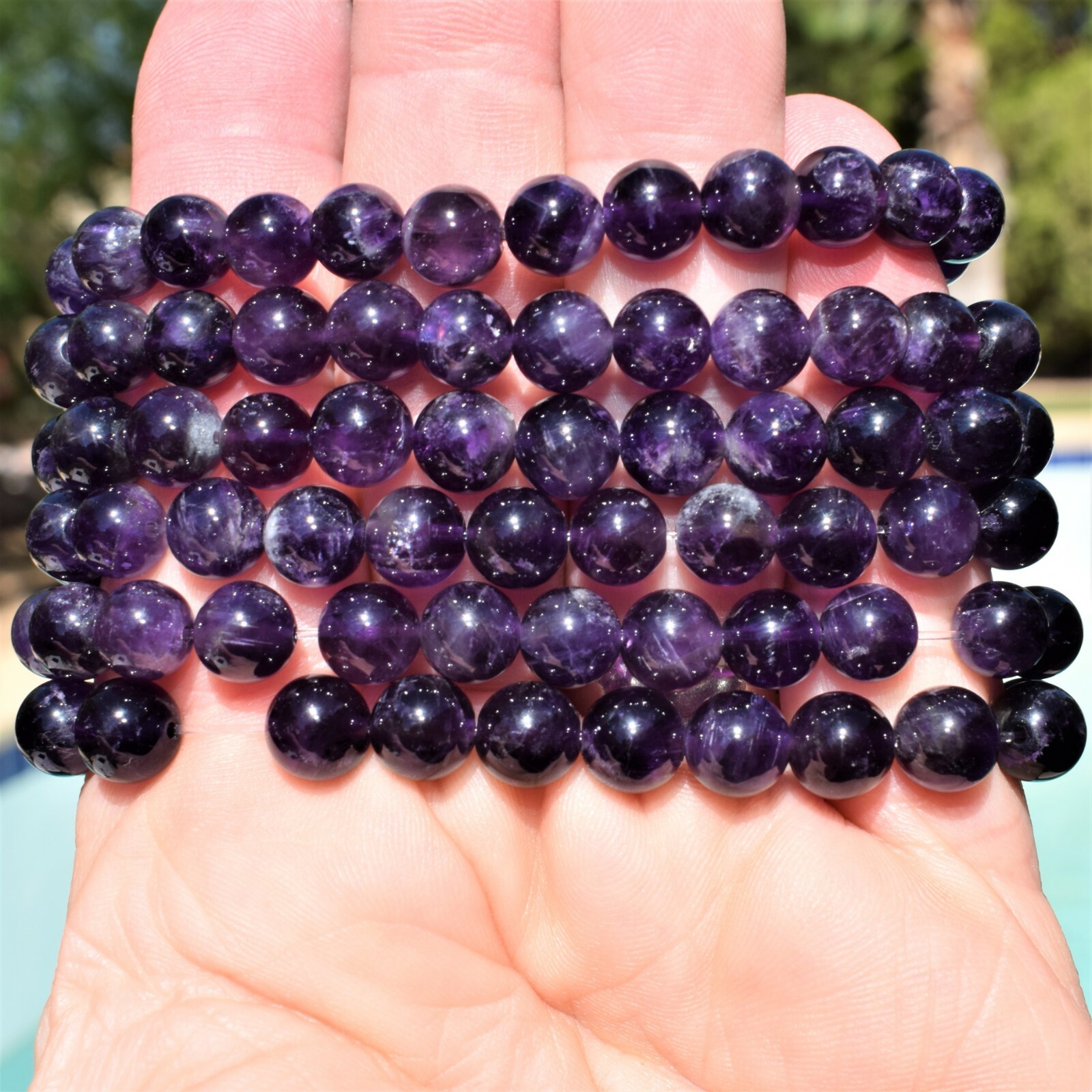 CHARGED Dark Amethyst Crystal 8mm Bead Stretchy Bracelet + Selenite Heart