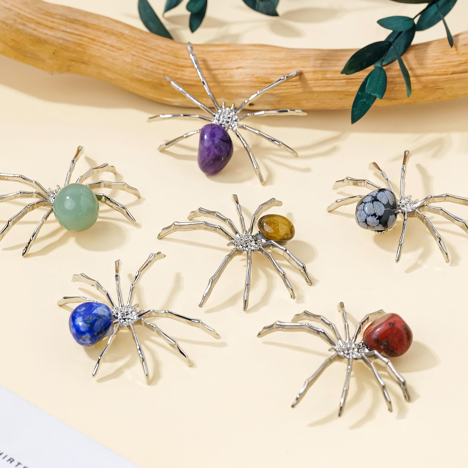 9 PCS Natural Crystal Polished Tumbling Stone Silver Alloy Spider 1.96 Inch