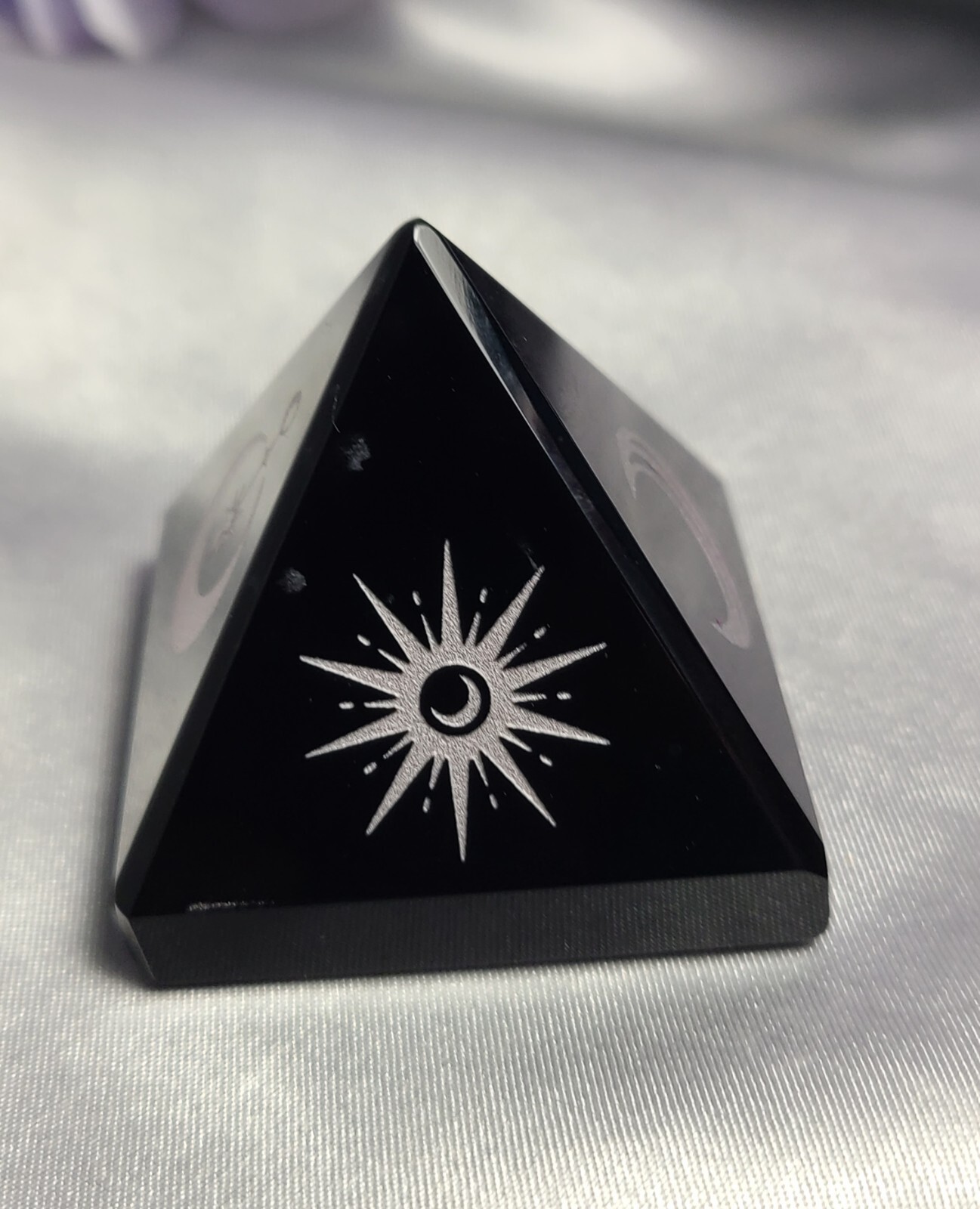 1.7″ Black Obsidian Sphere Crystal Pyramid Silver Engraved Moon & Stars Wiccan