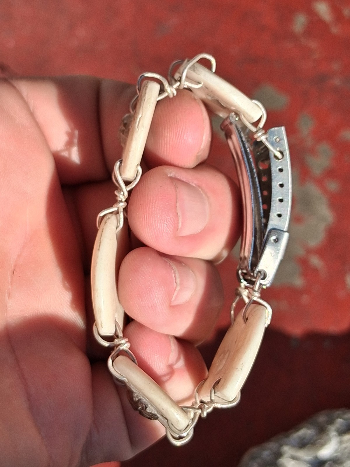 6 Inch Leaf Carved Watermelon Tourmaline In Water Buffalo Bone Bracelet