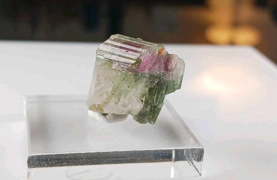 4.25g Watermelon Tourmaline On A Tiny Quartz Crystal Display Specimen