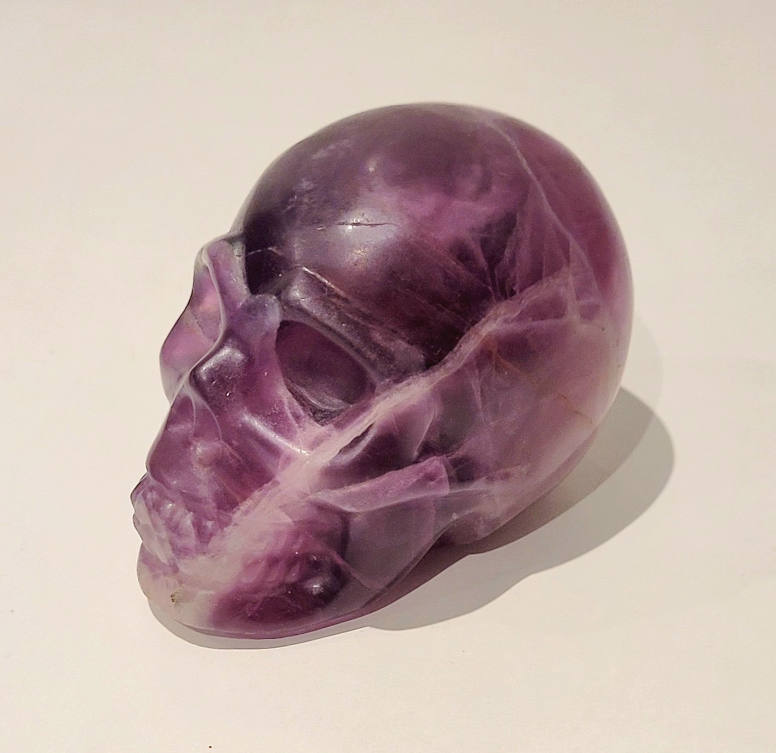 Purple Flourite Human Skull Carving Natural Crystal UV Reactive 439.8g, 0.9lbs