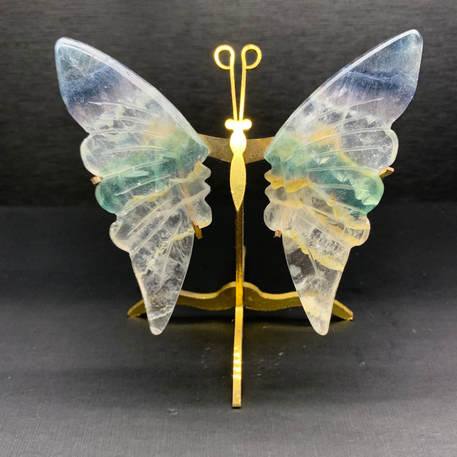 100G Natural Crystal Fluorite Butterfly Wings Healing Statue Decor + Stand