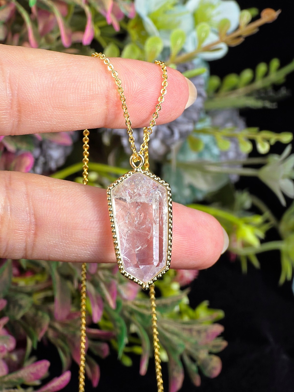 CLEAR QUARTZ CRYSTAL NECKLACE IN ELECTROPLATED GOLD SPIRITUAL JEWELRY GIFT