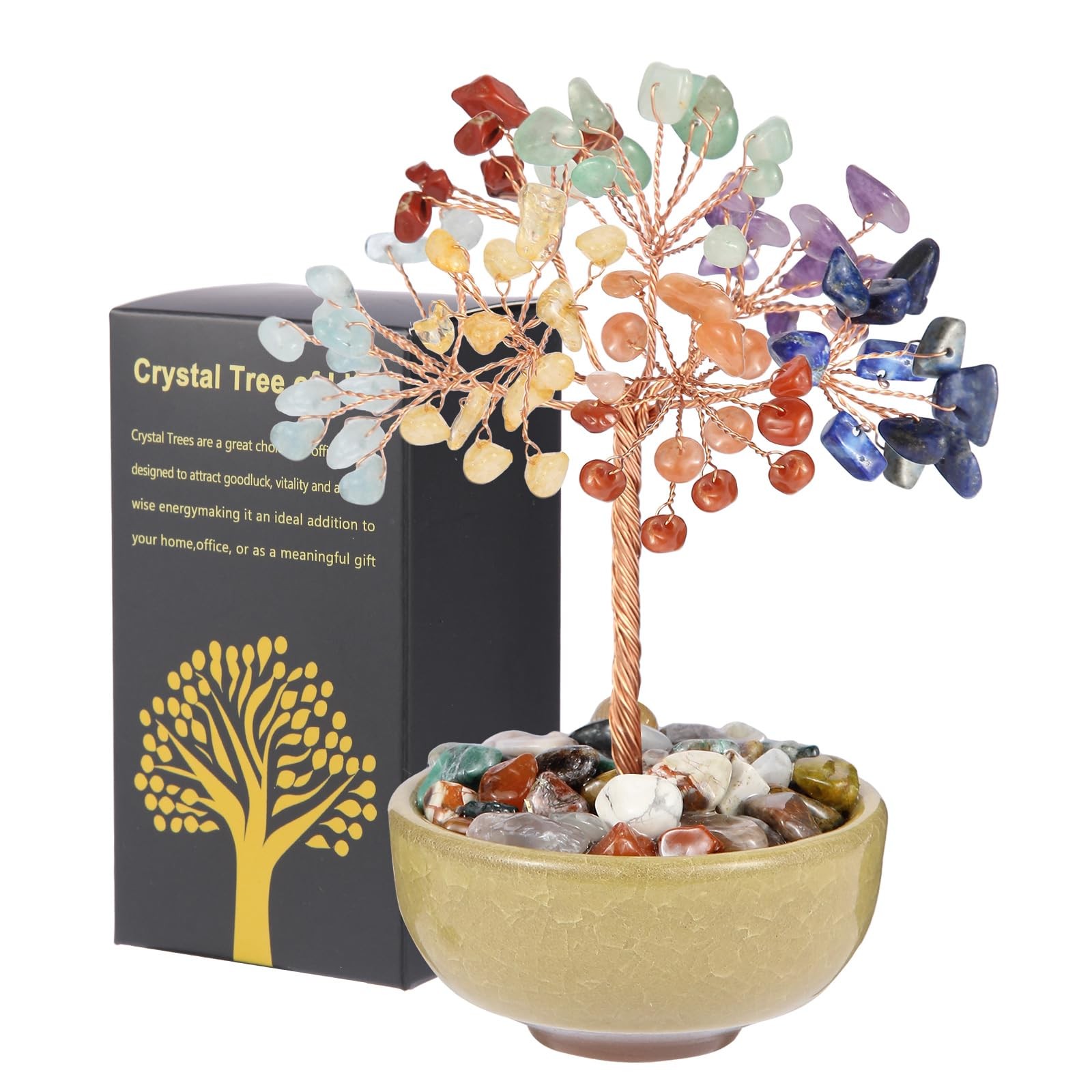 Handcrafted 7 Chakra Abundance Tree with Ceramic Base,5 Inch Natural Crystal Fen