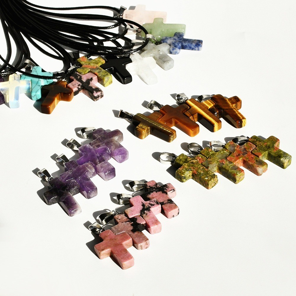 Fashion Crystal Cross Pendant Necklace Mixed Charms on Leather Rope Jewelry