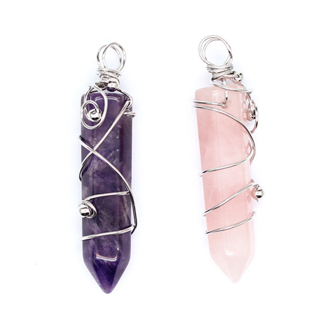 Chakra Wire Wrapped Crystal Point Pendant Quartz Natural Gemstone Healing Reiki