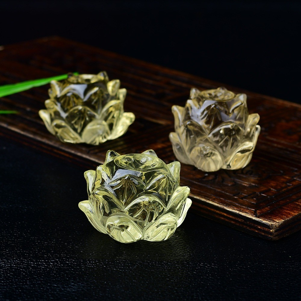 Natural Citrine Crystal Lotus Carved Feng Shui Art Ornament Home Office Ornament