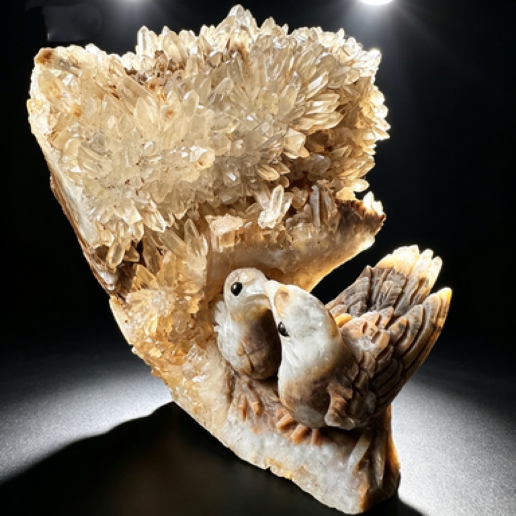 Hand Carved Crystal Cluster Bird Figurine – Natural Raw Stone Desk Decor Sculptu