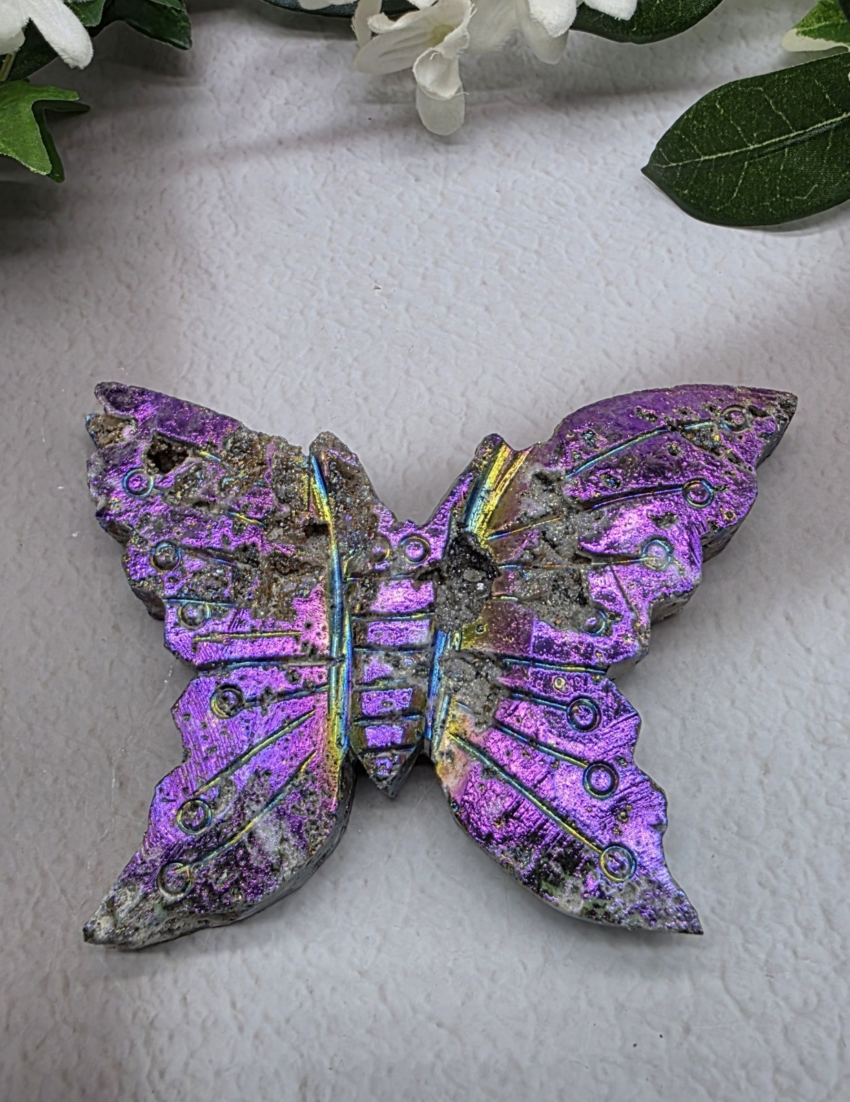 Druzy Aura Sphalerite Butterfly Carving | Rainbow Crystal Butterfly, Iridescent