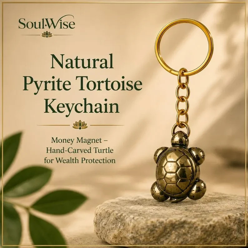 Natural Pyrite Turtle Keychain Hand Carved Crystal Lucky Wealth Feng Shui Gift