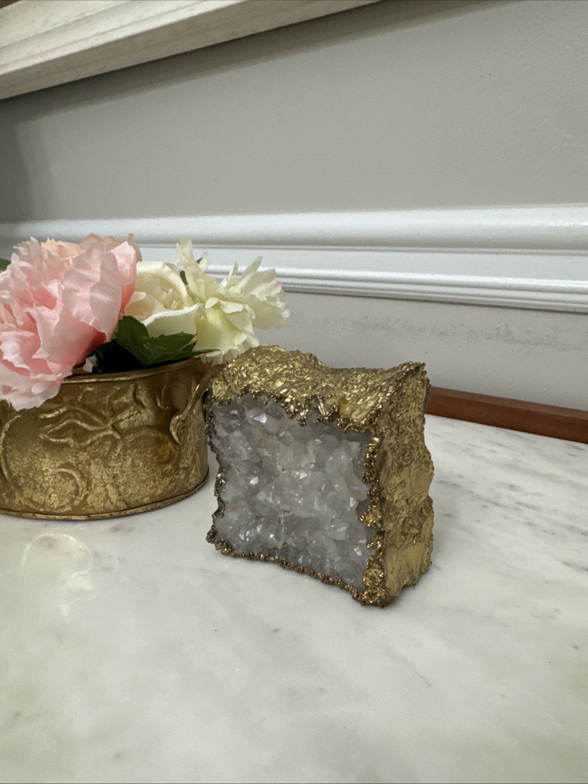 Natural Clear Quartz Druzy Geode Gold-Tone Electroplated Decor