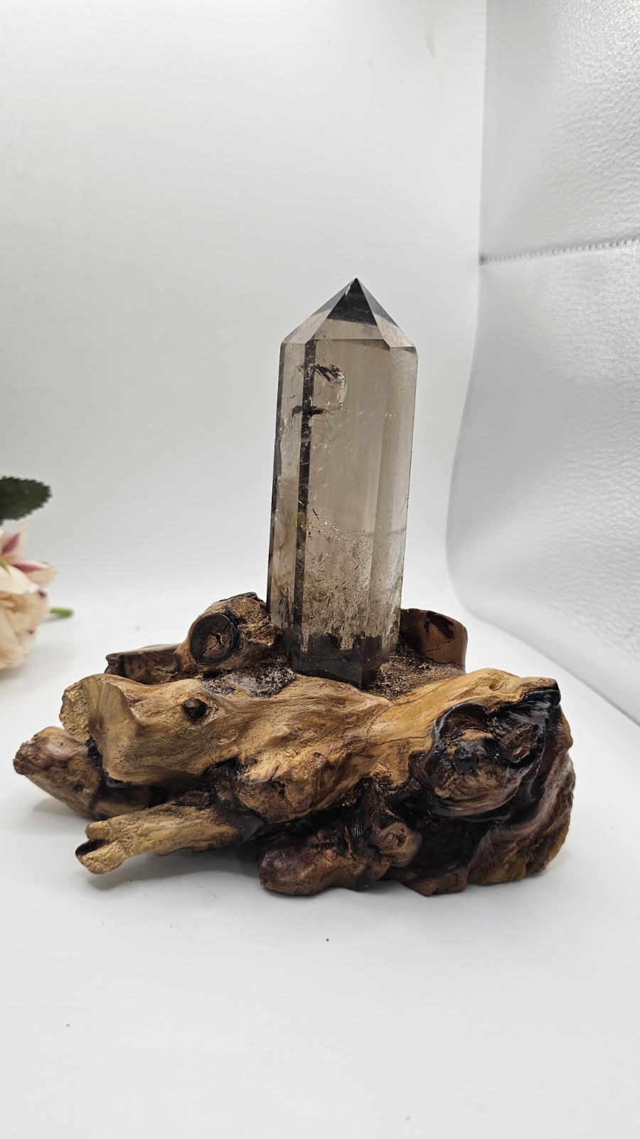 A Grade Smokey Quartz Freeform On Wood Root Base Point 261g 15.5cm smoky