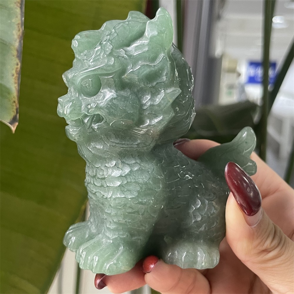 0.8LB 3.7″Natural Green Aventurine Qilin Hand Carved Crystal Mineral Figurine
