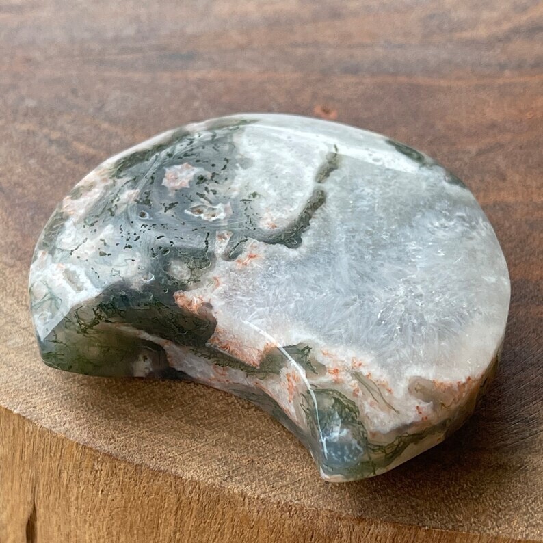 Natural Moss Agate Moon Crystal Carving W/Green Pink Moss & White Quartz