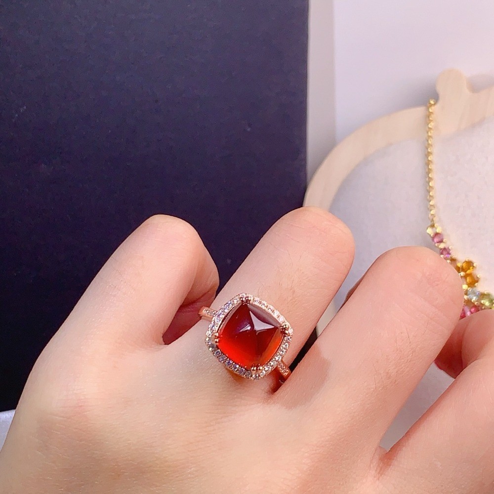 Natural Red Garnet Adjustable Ring Gemstone Jewelry S925 Silver Plated 18K Gold