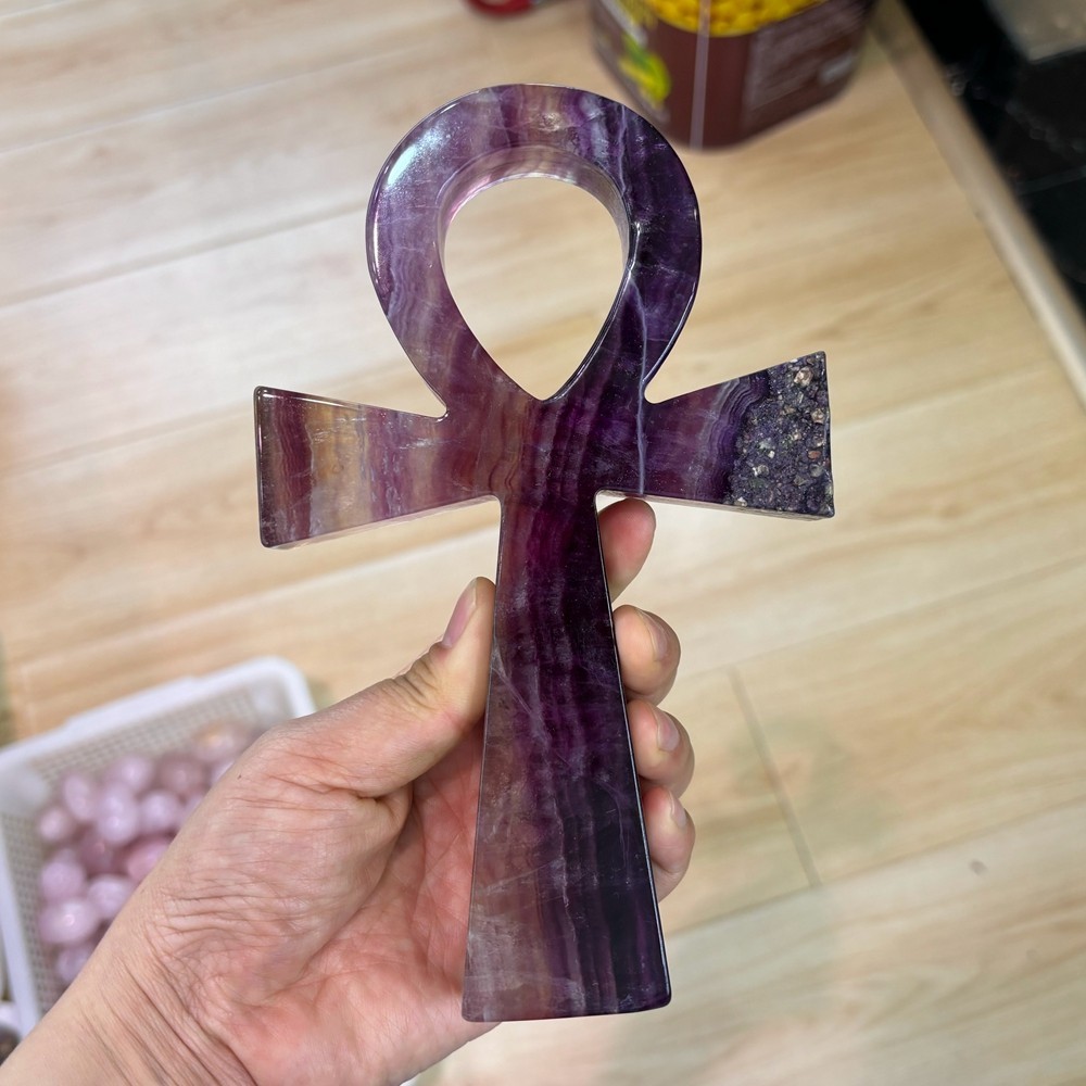 Natural Fluorite Quartz Crystal Cross Carved Crystal Ankh Reiki Healing 1pc