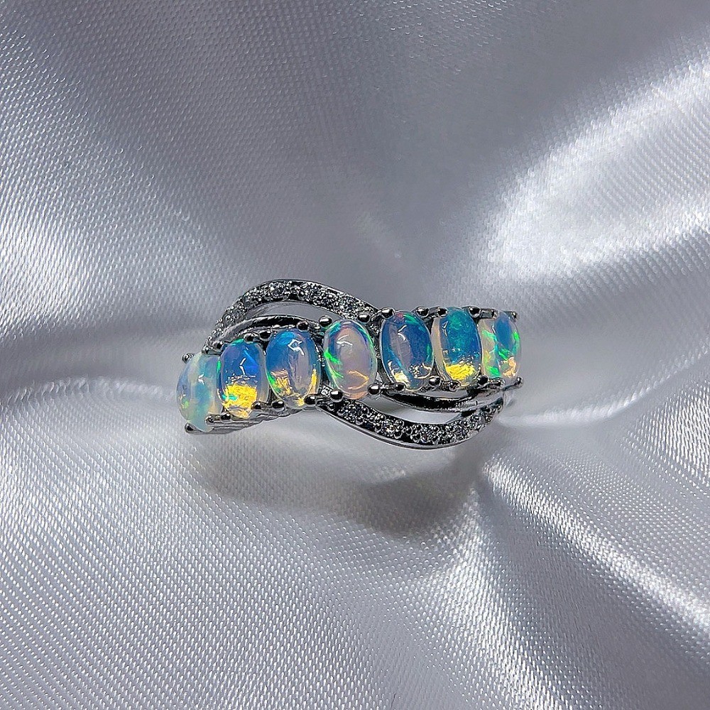 Rainbow Flash Opal Adjustable Open Ring Gemstone Jewelry Healing Gift For Women