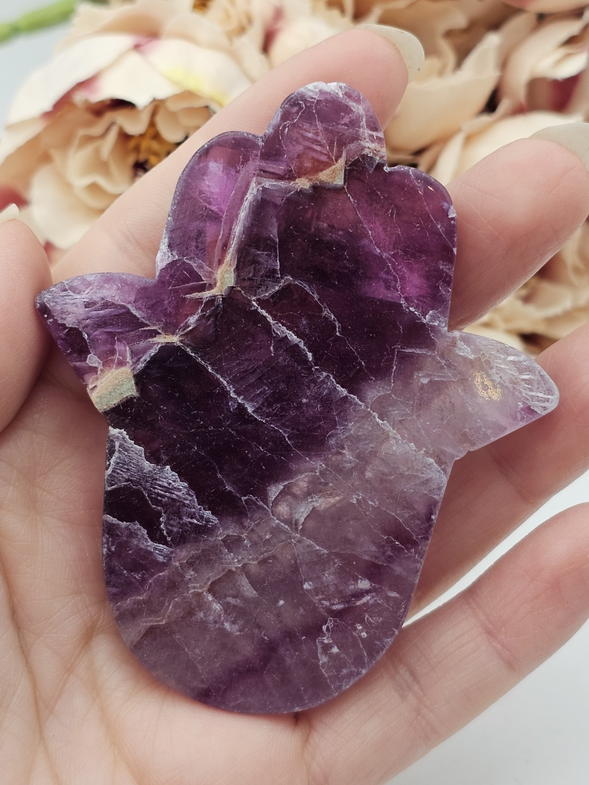Purple Rainbow Fluorite Hamsa Hand crystal Carving 7.8cm 91g