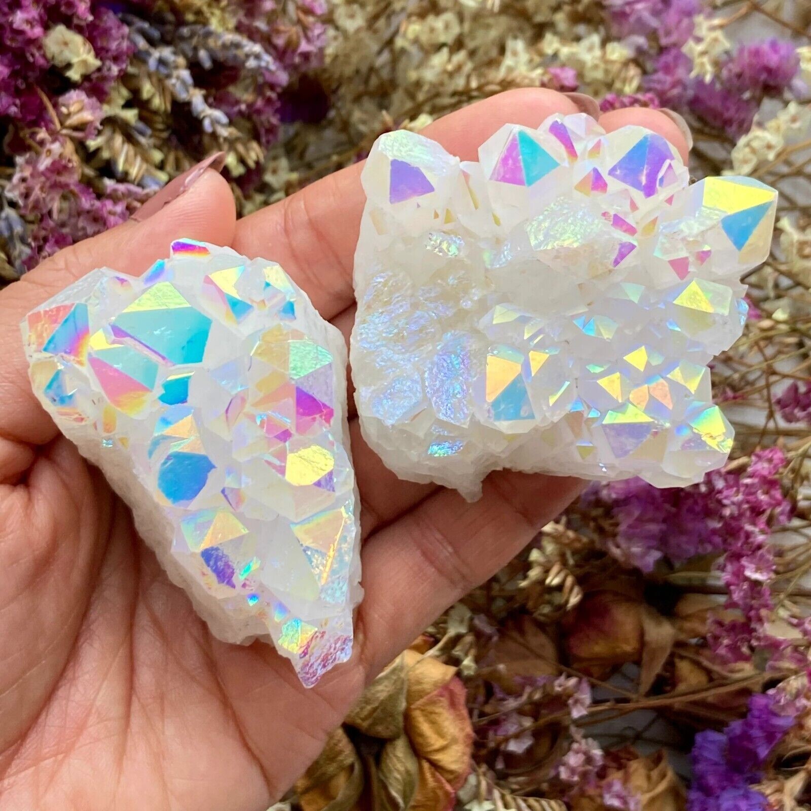 Rainbow Angel Aura Quartz Cluster Raw Titanium Geode Crystal Healing Specimen
