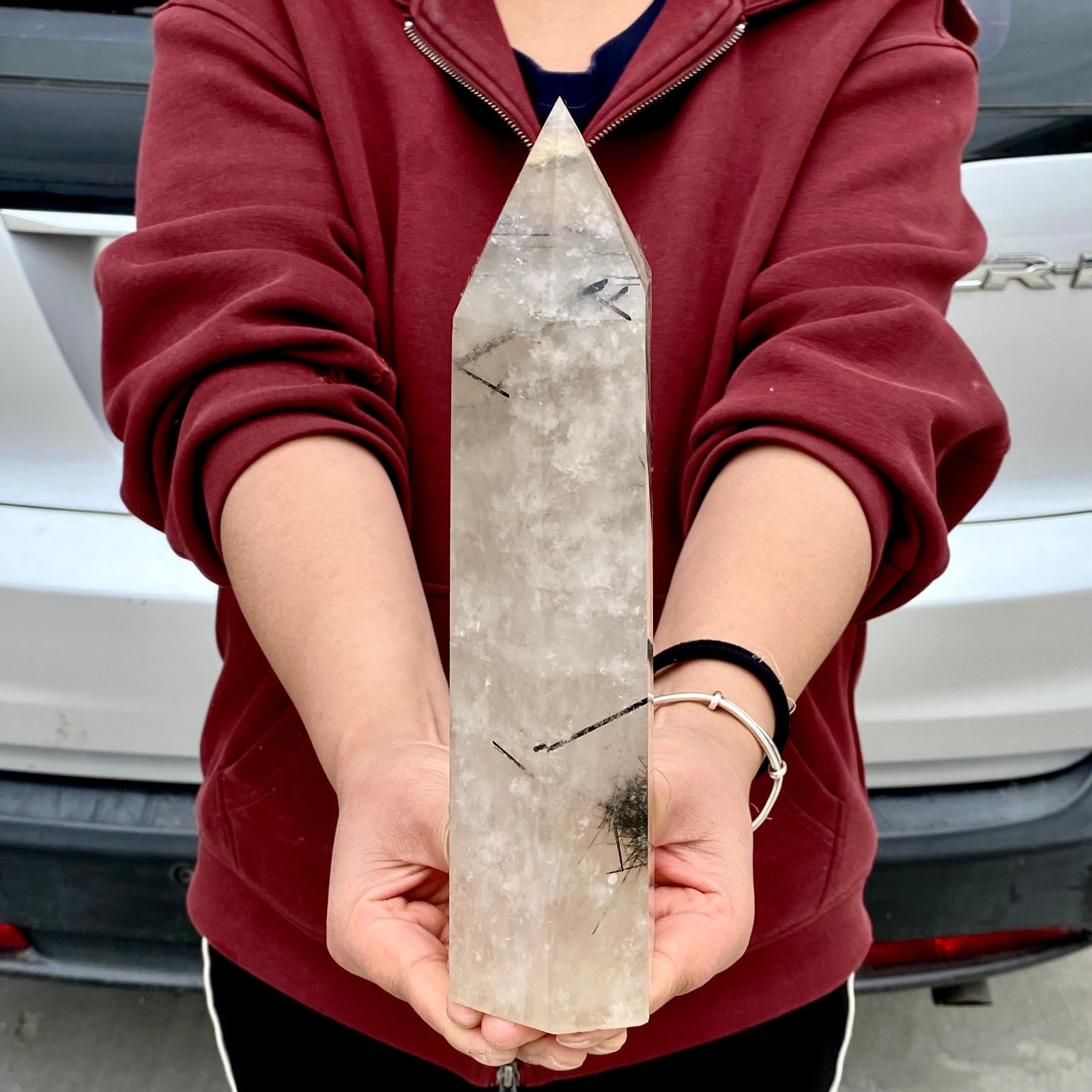 3.5LB Natural Black Hair Quartz Obelisk Crystal Energy Point Wand Reiki Decor
