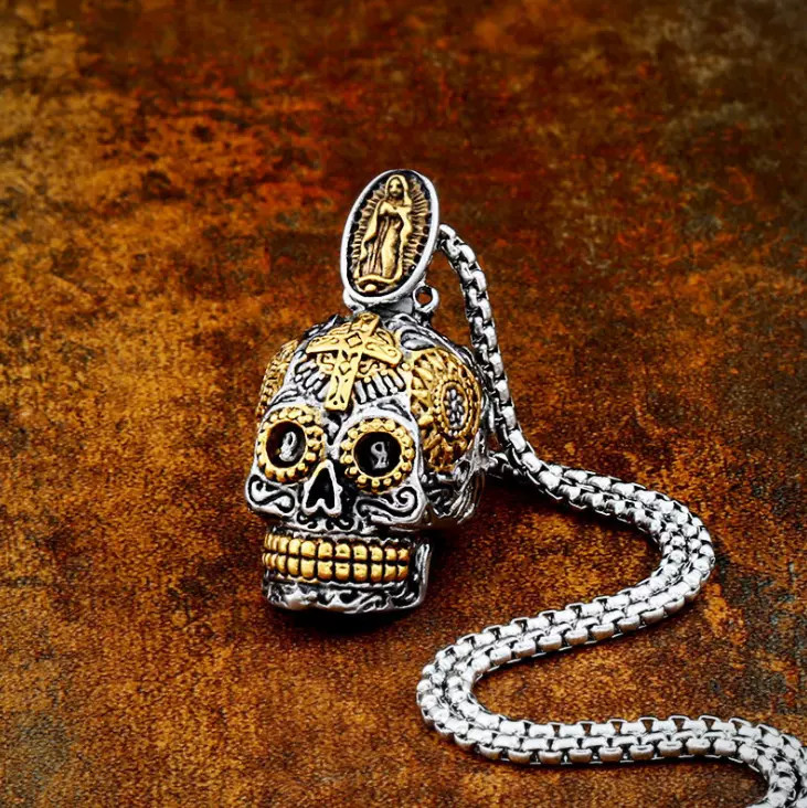 Men’s Fashion Jewelry Silver & Gold Skull Lightning Bolt Pendant Necklace