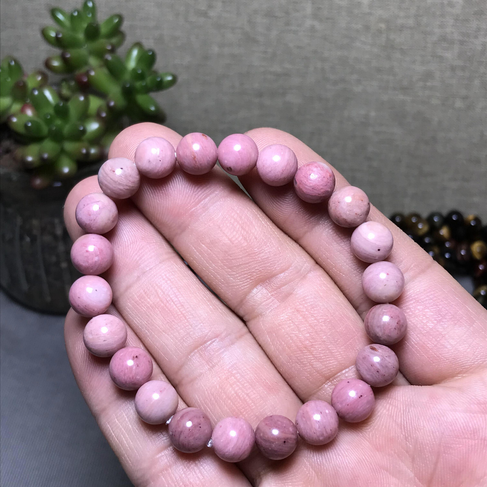 5Pcs Wholesal Natural Redwood pattern Pink bracelets Crystal ball sphere 8mm