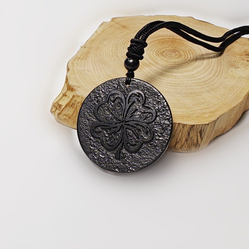 Shungite black natural stone circular pendant carved with retro totem pendant