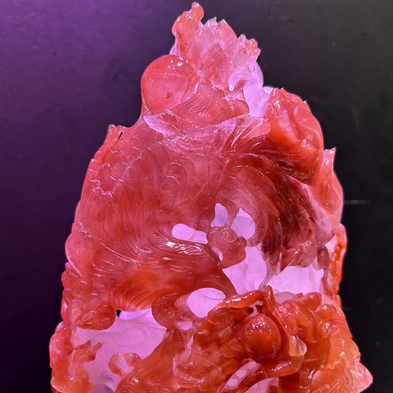 12LB Top Natural Red quartz crystal Dragon + Phoenix Carved Crystal skull Reiki