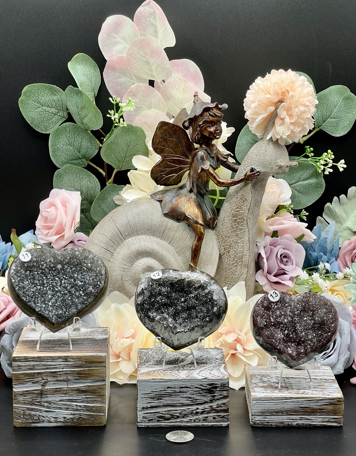 Natural Black Amethyst Sugar Druzy 3 kinds Geode Carved Hearts Free ship & Gift