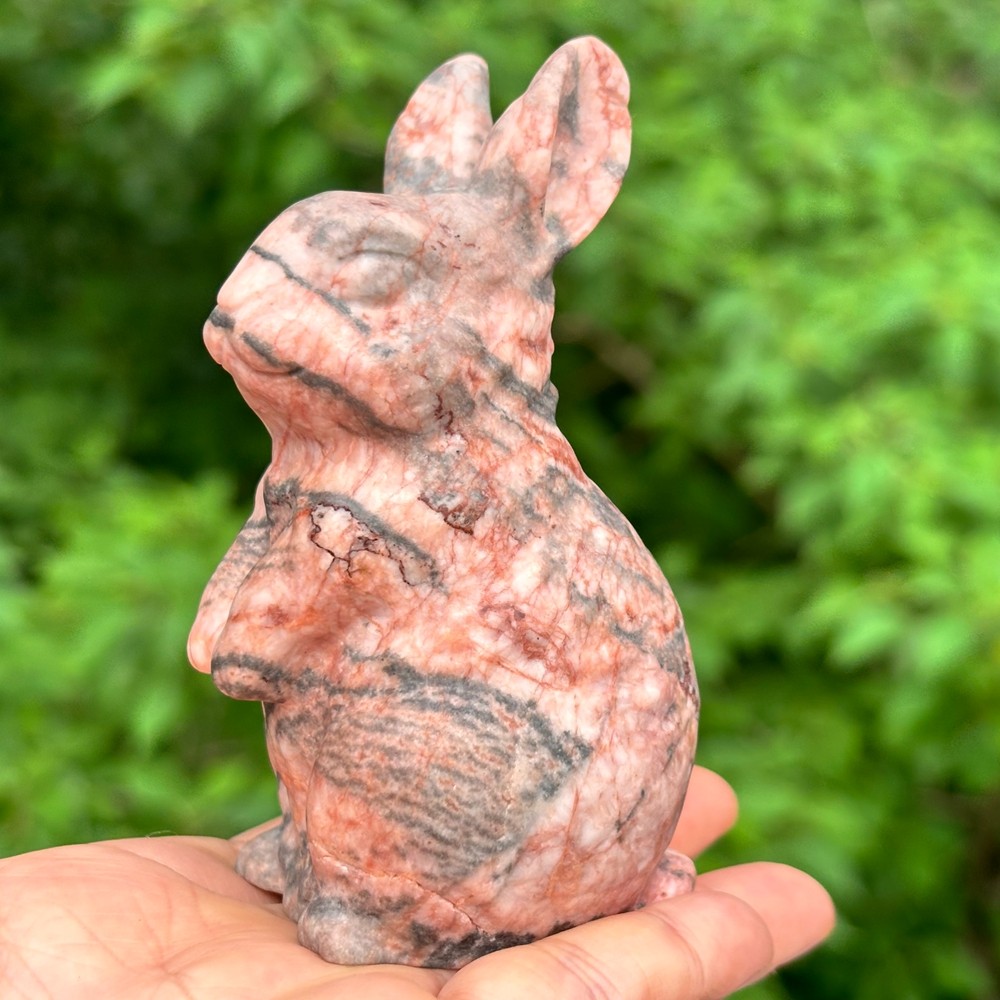 0.63LB Natural Pink Zebra Stone Rabbit Skull Carved Quartz Crystal Skull Healing