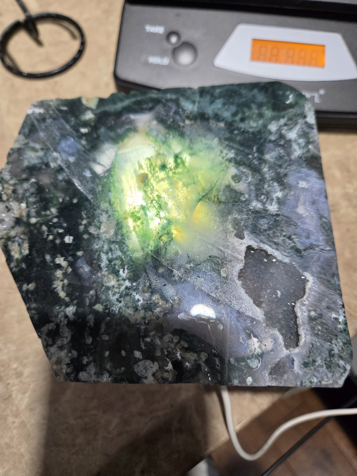 Crystal Blue & Green Moss Agate Slab With Druzy