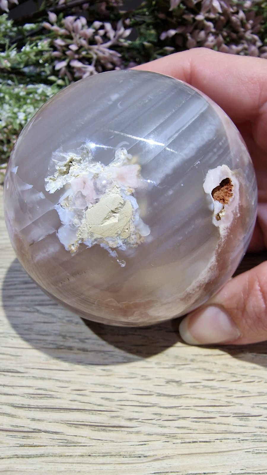 Flower Agate Crystal Sphere 537g 73mm UV Reactive Free Stand