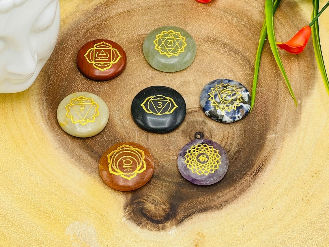 7 Chakra Round Palm Smooth Stone Set, Engraved Chakra Symbol, Crystal Palm Stone