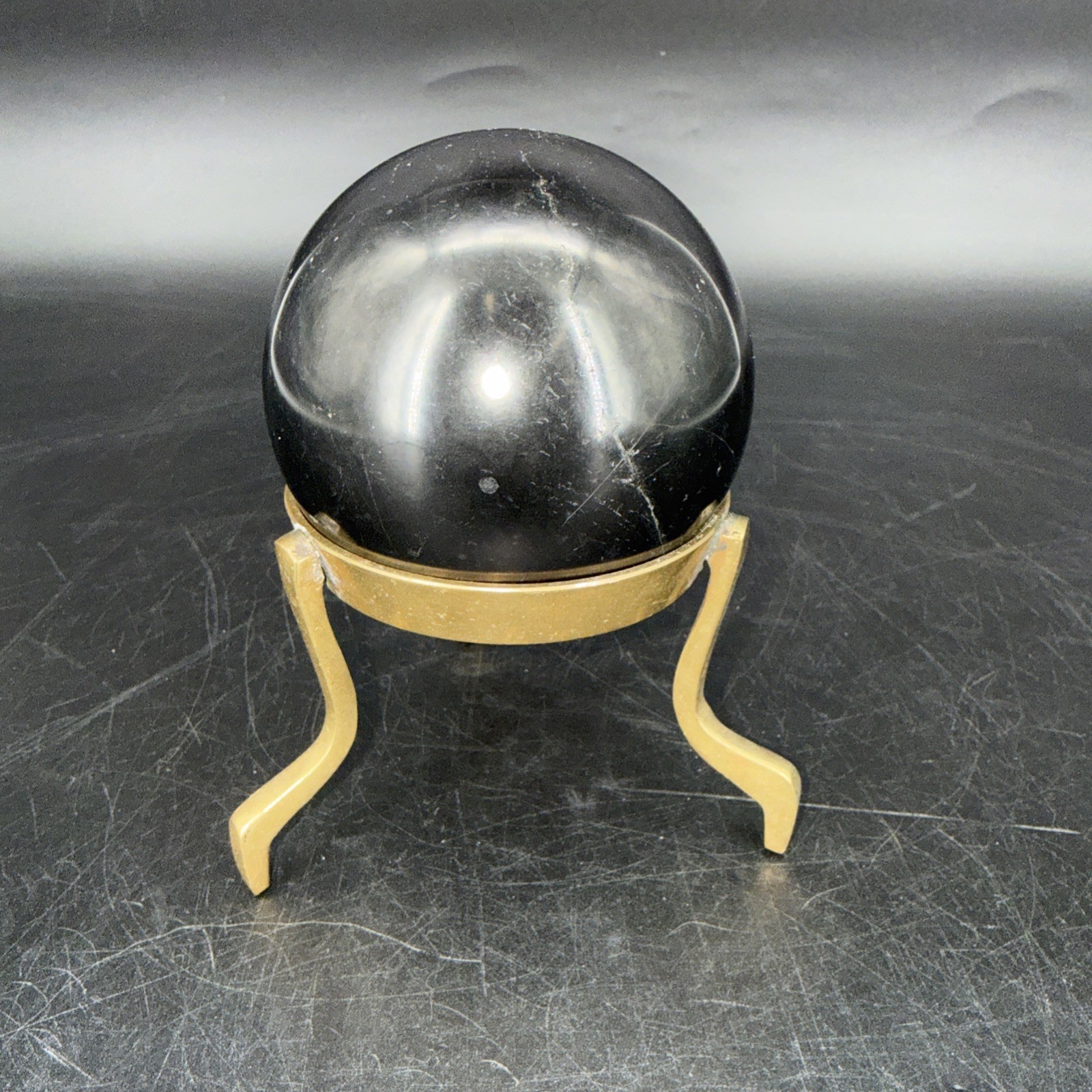 Vintage Black Obsidian 3.5” Ball Crystal Sphere Stone On Brass Base