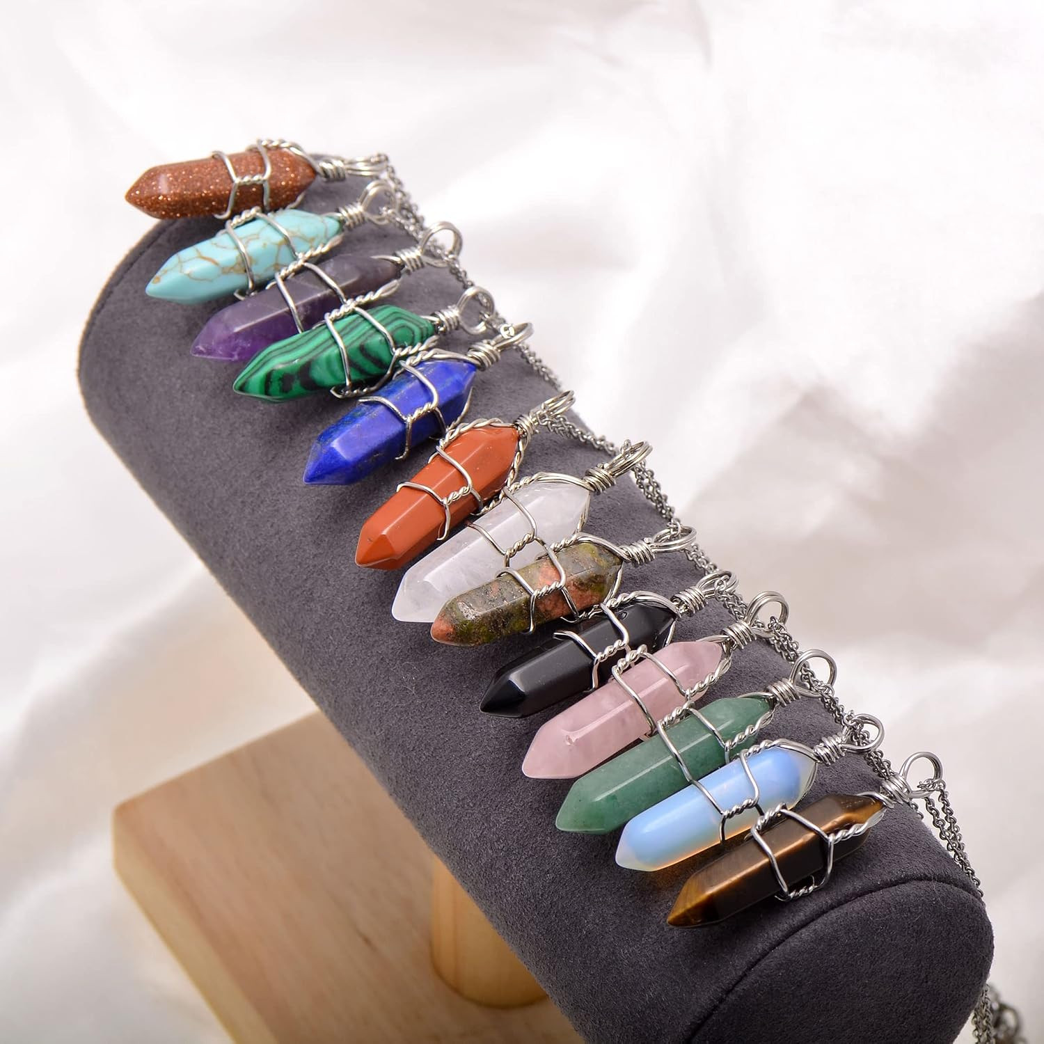 Natural Tiger Eye Crystal Point Pendant Necklace Wire Wrapped Chakra Women Men