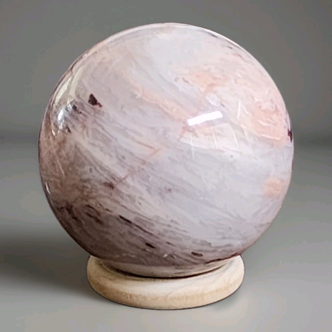 Natural Polished Pink Banded Plume Agate Sphere 2.43″ – 338g – USA