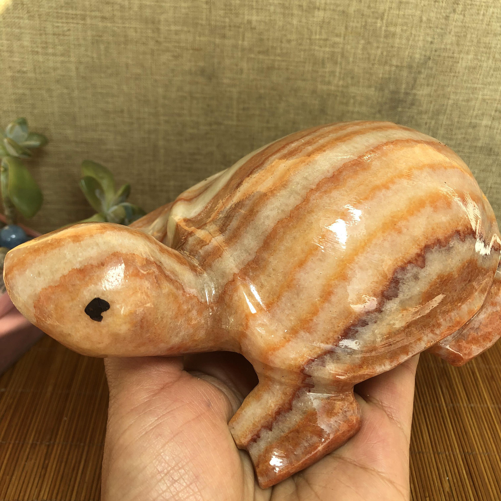 1.1kg Rare Natural Meat Pork Stone hand Carving Turtle specimen 155mm g5110